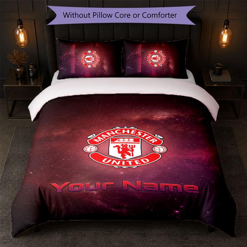 Juego de Ropa de Cama Personalizado Manchester United con Nombre y Texto 1 Funda Nórdica + 2 Fundas de Almohada Logo de Fútbol Regalo Personalizado para Ocasión Especial Decoración de Dormitorio