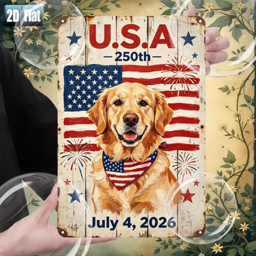 USA 250th Independence Day Golden Retriever Metal Sign 8x12 Inch Patriotic Dog Wall Art Iron Decor With Pre-Drilled Holes