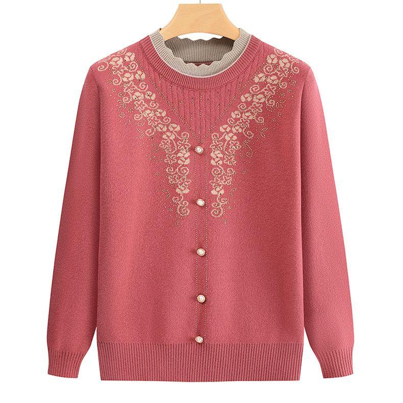 Women's Round Neck Printed Sweater Autumn Winter Rhinestone Plus Size Pullover Knitwear Loose Knit Top