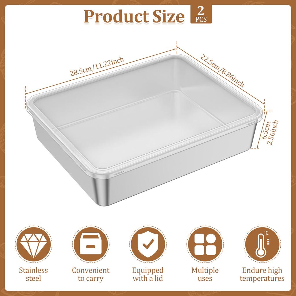 2Pcs Stainless Steel Rectangle Baking Tin with Plastic Lid Deep Side Rectangular Cake Pan 11.2''×8.8''×2.5'' Baking Cake Mold
