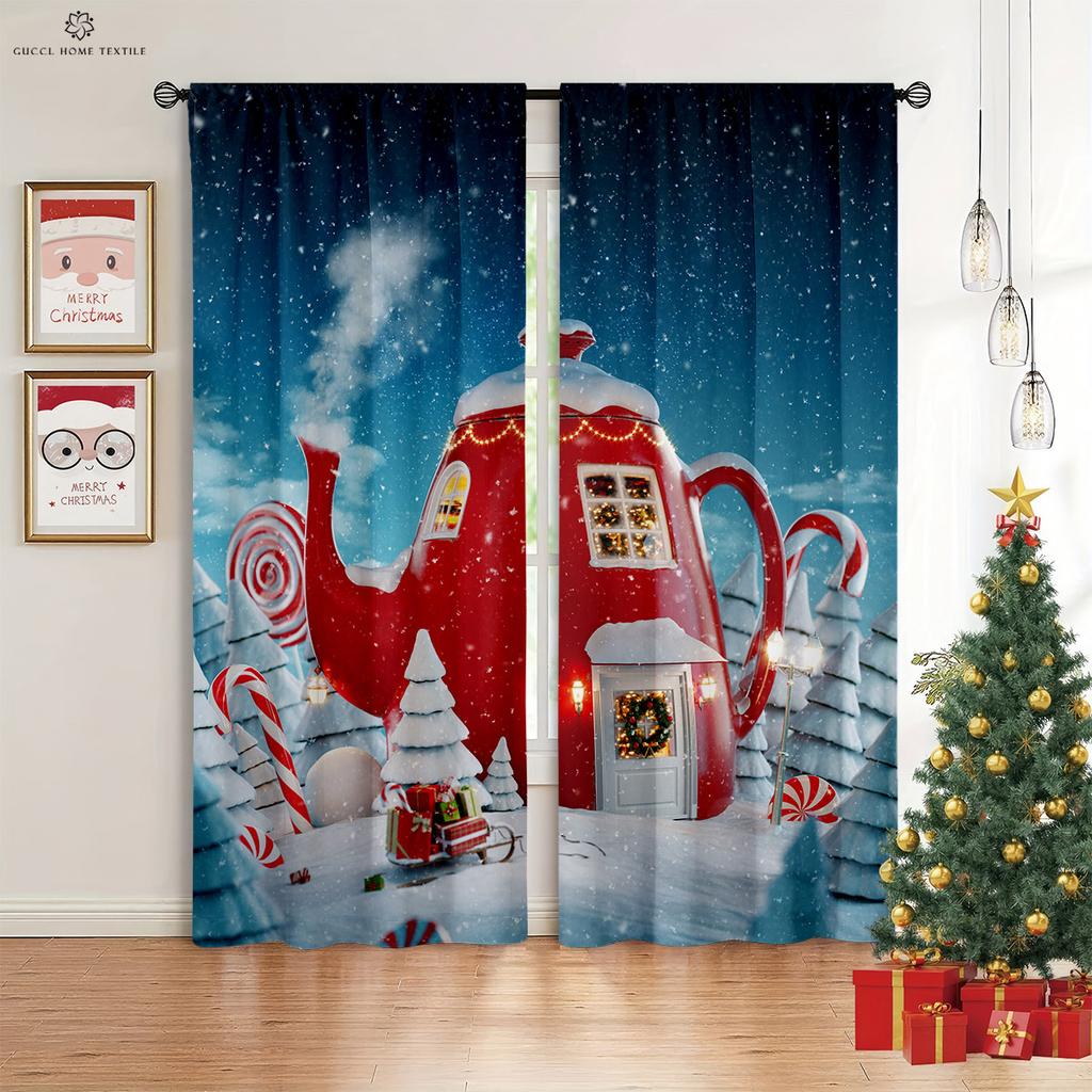 Cartoon Weihnachten Schneemann Weihnachtsmann Druck Fenster Vorhang, Schlafzimmer, Wohnzimmer, Neujahrsdekoration, Weihnachtsgeschenk, 2 Stück