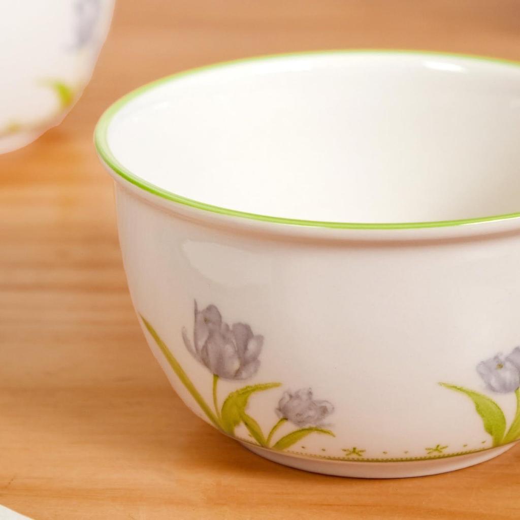 Set of 4 Ceramic Soup Bowl with Spoon (400ml) - Microwave Safe Bowl for Serving Soup, Curry, Dal, Custard, Kheer & Dessert | Floral Design Bowl Set