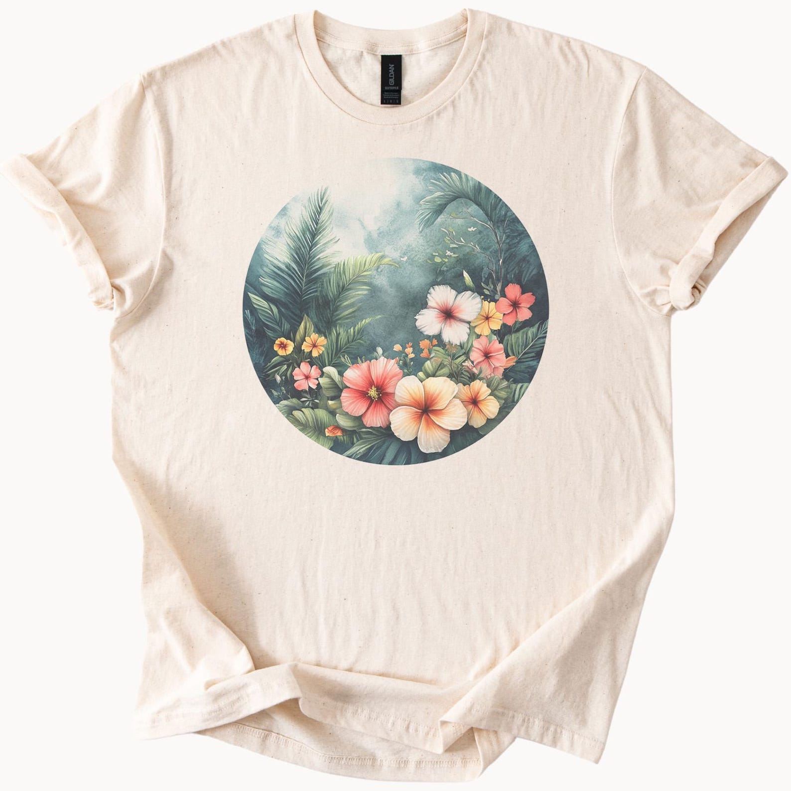 Tropical Floral Graphic T Shirt Hibiscus Jungle Flowers Palm Leaves Nature Inspired Botanical Art Tee Summer Aesthetic Shirt 130