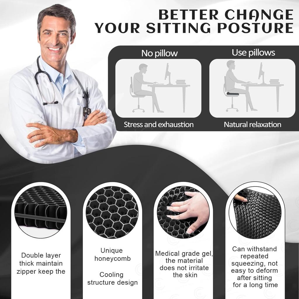 Gel Seat Cushion, for Long Sitting -Double Thick Gel Seat Cushion Breathable Honeycomb Chair Cushion with Non-Slip Cover for Office Chair Car,