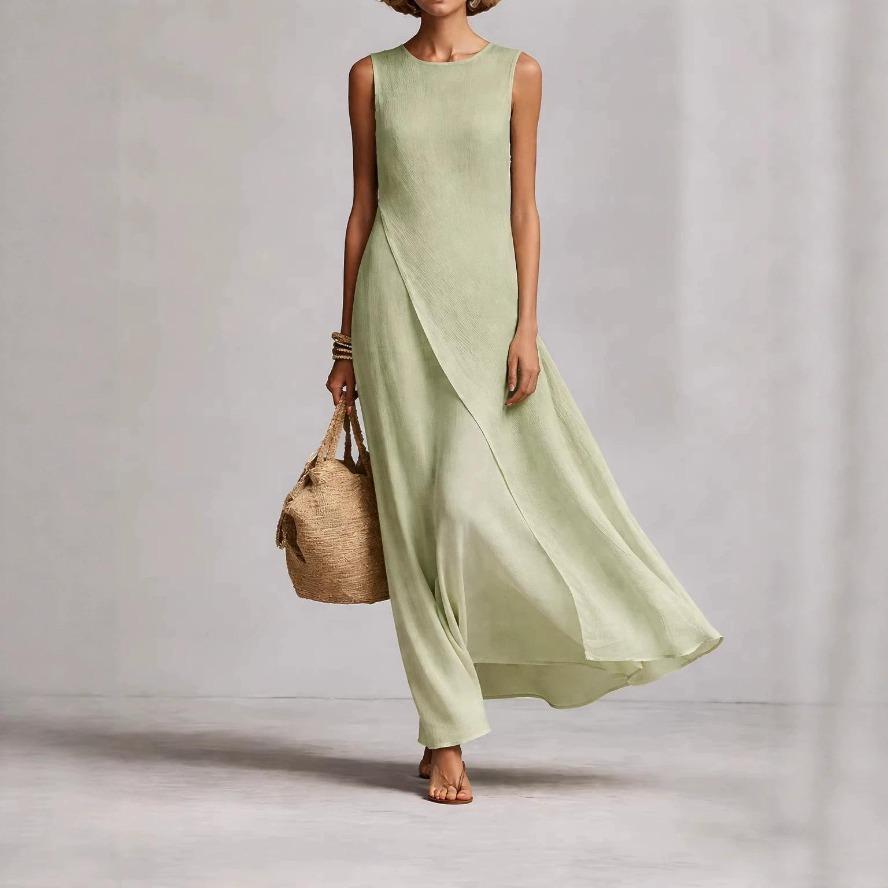 YYFS Women's Fashion Summer Spring Solid Color Print Sleeveless O-Neck Loose Waistline Casual Dresses