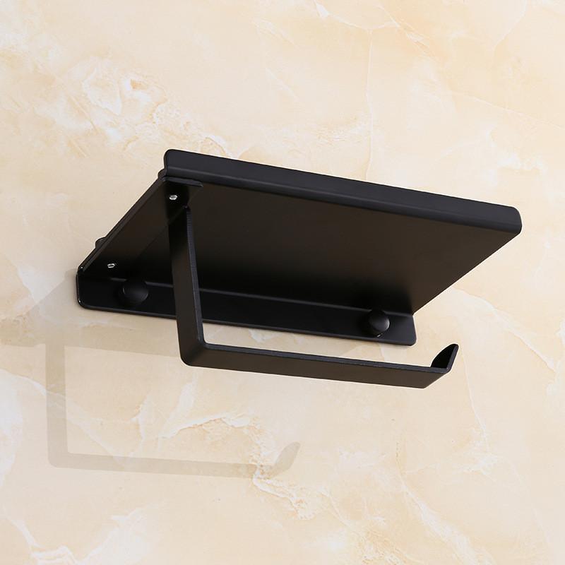 Tuqiu Black Toilet Paper Holder Wall Mounted Bathroom Tissue Paper Holder Aluminum Paper Roll Holder With Phone Storage Shelf
