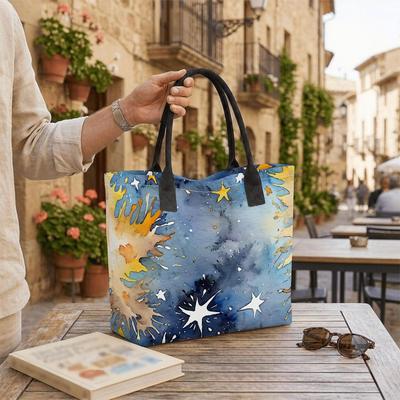  Watercolor Star Pattern Tote Bag Casual Large Capacity Canvas Daily Shoulder Handbag