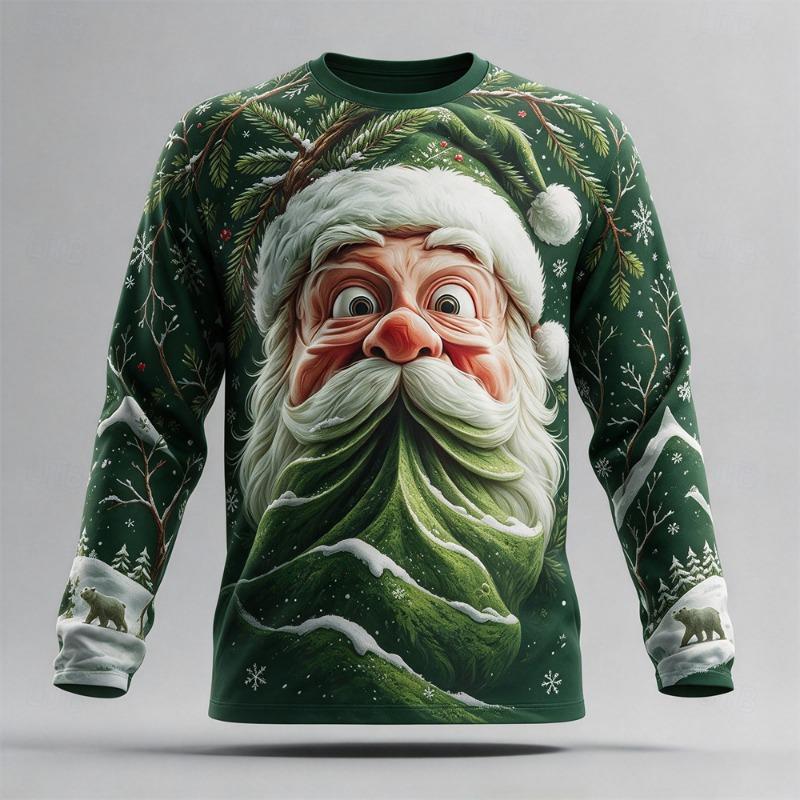Ugly Christmas Men Long Sleeve T-shirts Santa Claus Cotton Comfortable Casual Tops Winter Xmas Party Outfit Holiday Gift For Men