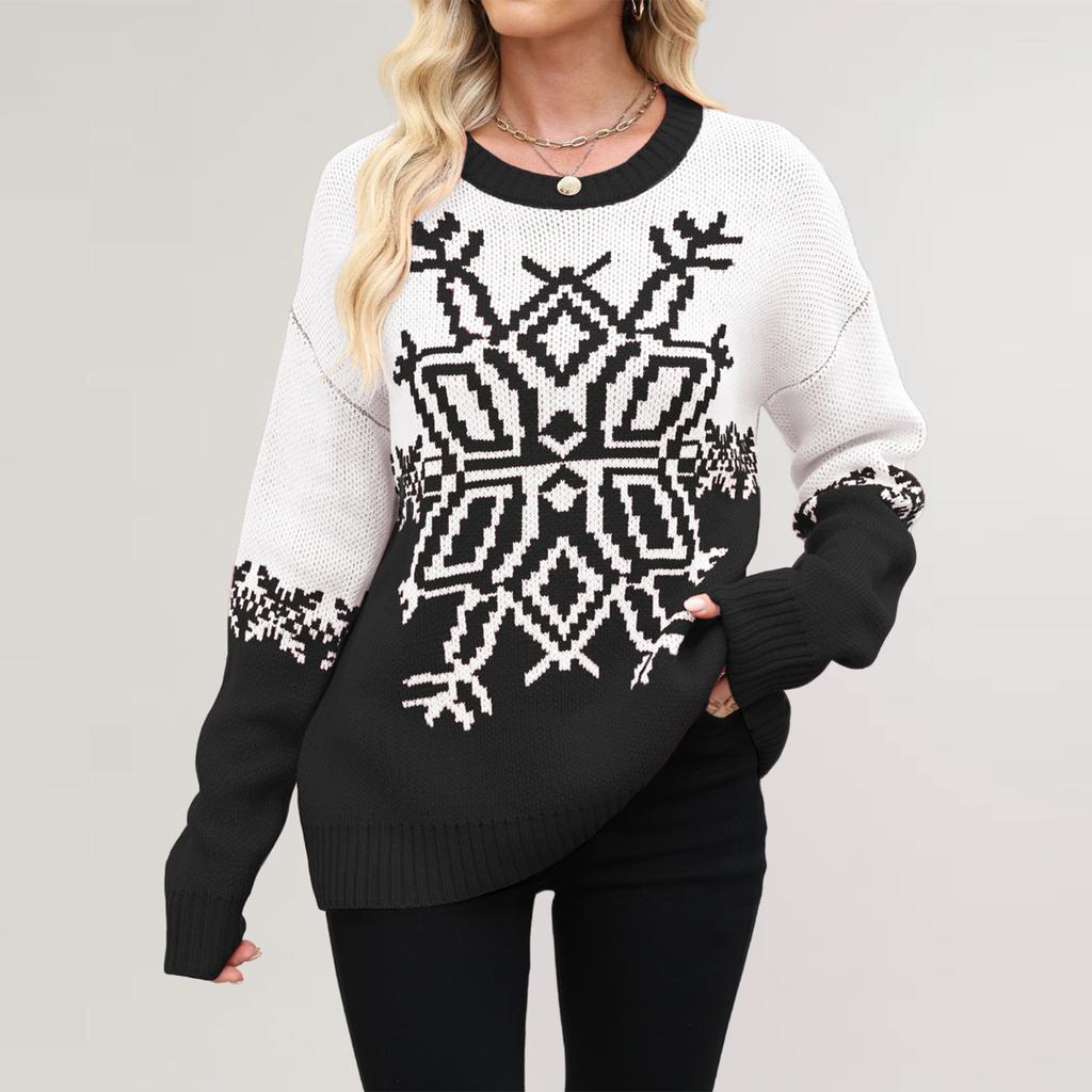 Women's Fashionable Round Neck Long Sleeved Christmas Snowflake Sweater Casual Pullover Knitted Sweater Top