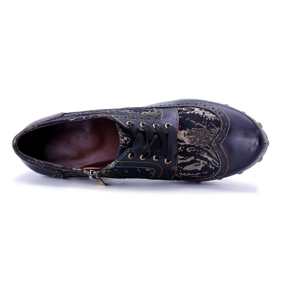 Johnature Handmade Genuine Leather Pumps Retro Patchwork Printed Rivet High Heels Women's Shoes