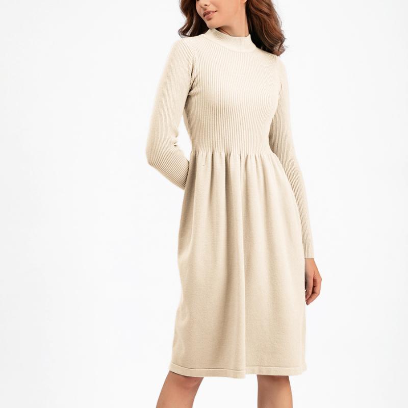 Dámské jarní šik jednobarevné pletené svetrové šaty s polovysokým límcem, polovysoký límec dámské temperament černá modrá khaki meruňková fuchsiová