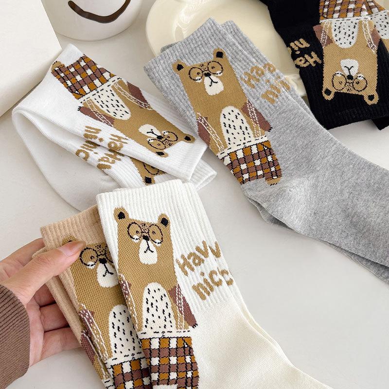 Ladies' Socks, Cute Glasses, Bear Cartoon, Boneless Cotton Socks, Mid-calf Socks