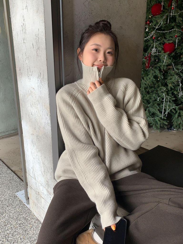 Women's Plus Size Elegant Double Zipper Stand Collar Sweater - Casual Winter Fashion Korean Style Outerwear