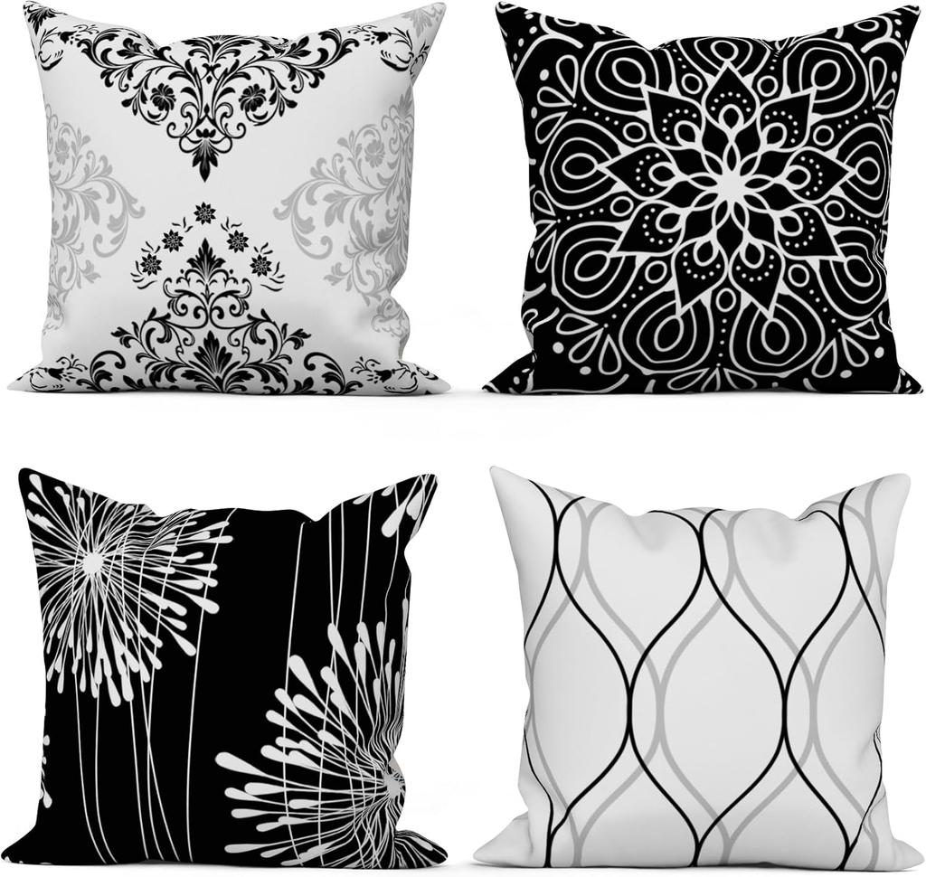 4Pcs Black White Damask Mandala Printed Pillow Cover Polyester Cushion Case 2D Flat Printing Pillowcase Contemporary Artistic