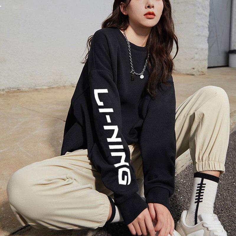 Li Ning Table Tennis Series Letter Print Fleece Casual Long Sleeve Pullover Sweatshirt Men Sweatshirt Black White AWDSD23-1