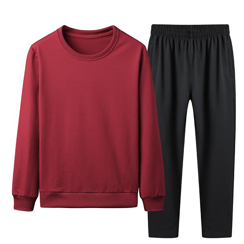 Traje grande de algodón para hombre, ropa deportiva de dos piezas de Color sólido, ropa informal pública, suéter de cuello redondo, pantalones
