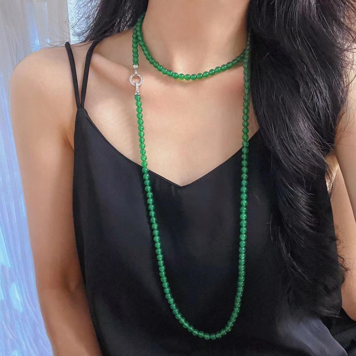 Vintage Vitreous Ice Jadeite Zhengyang Green Natural Ice Green Chalcedony Necklace Agate Sweater Chain