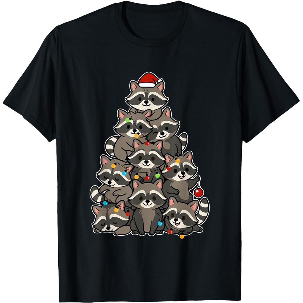 Raccoon Christmas Tree Lights Racoon Lover Xmas T Shirts Men Humor Streetwear Tee Shirt Short Sleeve Unisex Loose Clothing