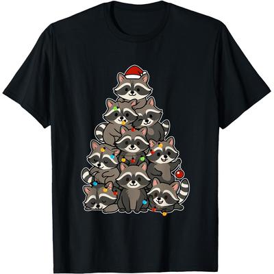 Waschbär Weihnachtsbaum Lichter Waschbär Liebhaber Weihnachten T-Shirts Männer Humor Streetwear T-Shirt Kurzarm Unisex Lockere Kleidung