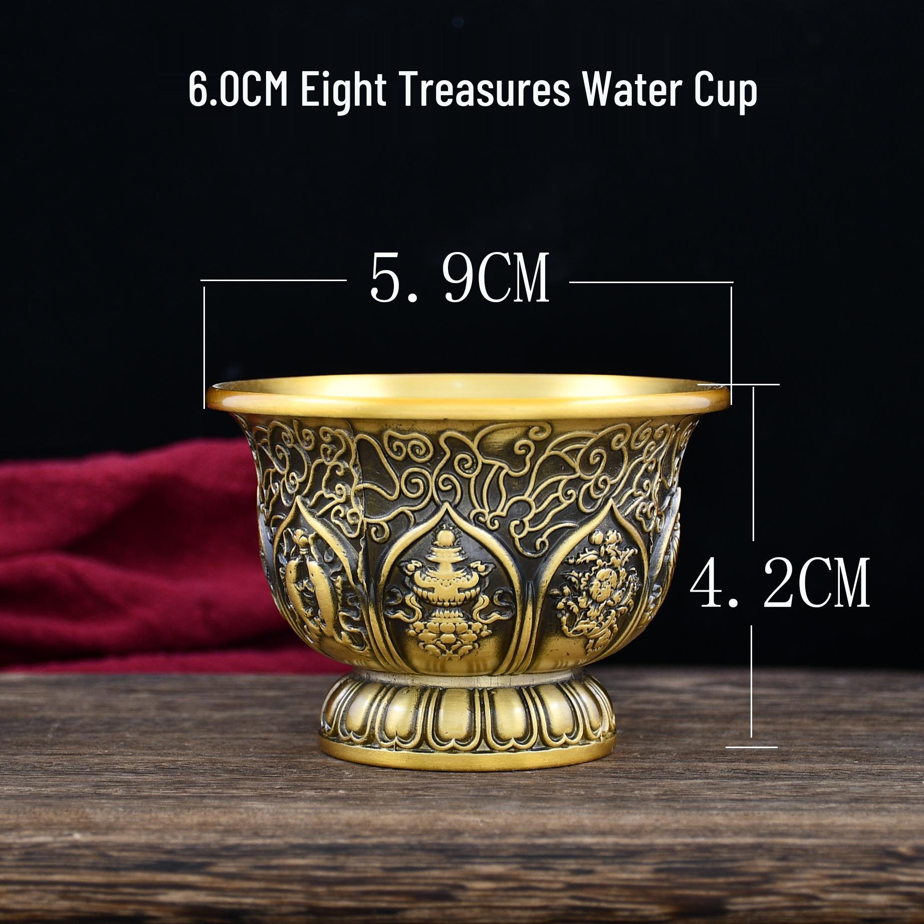 Tibetan Eight Treasures Brass Water Offering Cup - Octagonal Holy Water Ornament