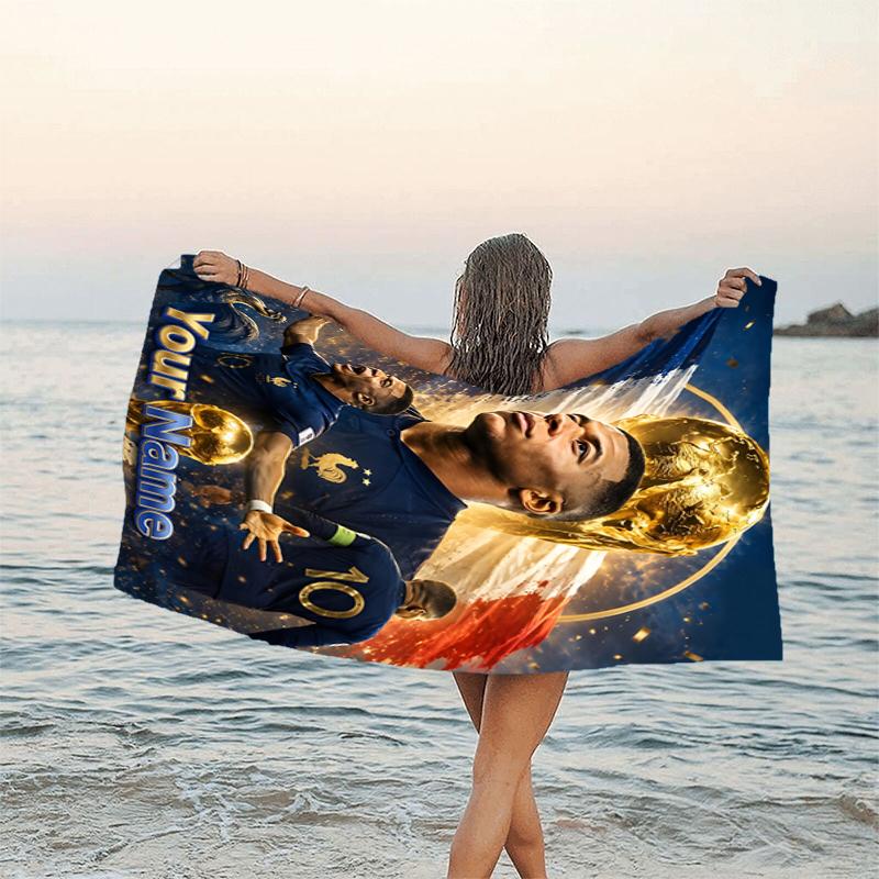 1pc M-Mbappe Beach Towel with Custom Name, Beach and Seaside Swimming Pool Equipment, Fashion Pattern, Rectangular, Travel Essential
