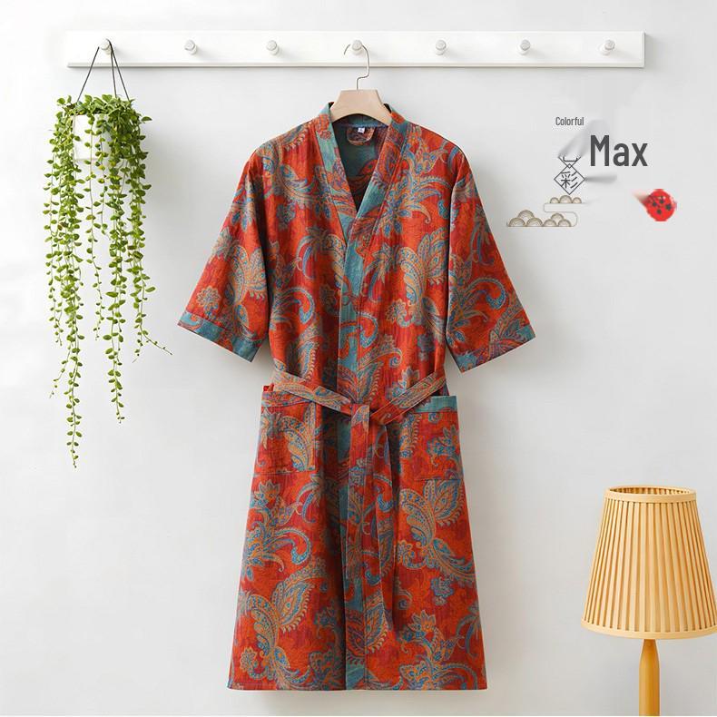 Pure Cotton Double Gauze Chinese Style Couple Bathrobe - Spring/Summer, Thin, Absorbent, Quick-Drying Pajamas/Homewear
