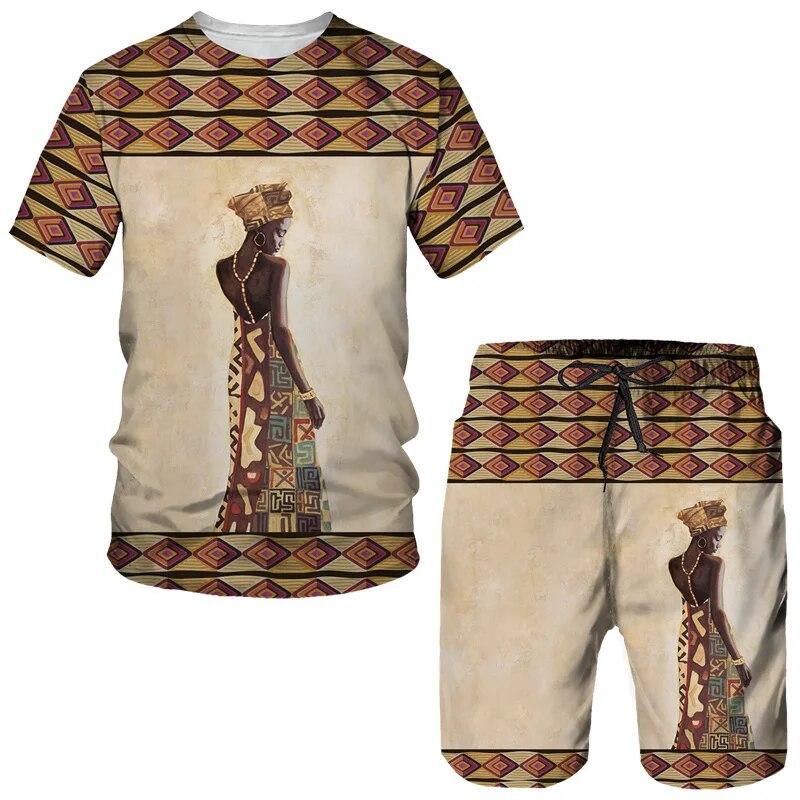 African Girl Graphic Seturi de tricouri pentru bărbați Tricou cu imprimeu 3D în stil etnic Pantaloni scurți Set din două piese Pulover supradimensionat Trening