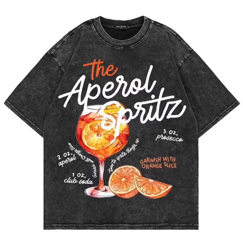 100% Cotton Vintage Washed Aperol Spritz Club T Shirt Fashion Men/Women Aesthetic Graphic Lemon Cool Loose Acid Wash Tees Shirts