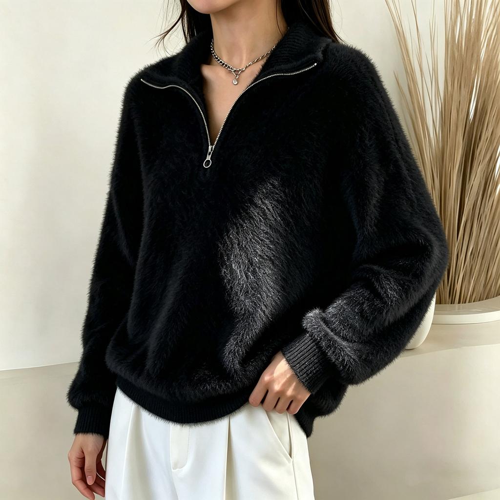 Damen Faux Pullover mit Rollkragen und Reißverschluss - Farblich gestricktes Oberteil für Freizeitkleidung