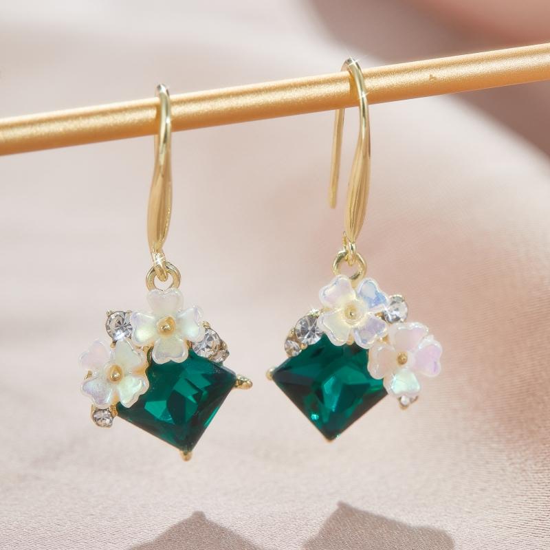 Vintage Exquisite Trendy Green Square Zircon Flower Pendant Earrings for Women Personalized Fashion Elegant Zircon Gift