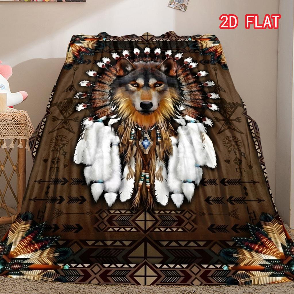 Native American Wolf Headdress Print Flannel Blanket, Tribal Animal Throw for Bed Sofa Couch, Soft Cozy Lightweight Cover