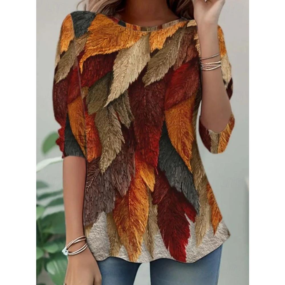 Tops for Women Autumn Leaf Print Round Neck Long Sleeve T-shirt Fall Casual Slim Pullover Women's Long Sleeve Top