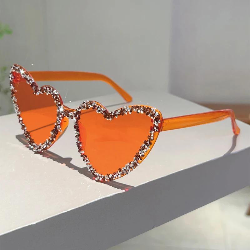 

KAMMPT Heart Shaped Sunglasses with Rhinestones Women Stylish Candy Color Beach Rave Shades Trendy Sweet Handmade Sun Glasses as picture shows оранжевый