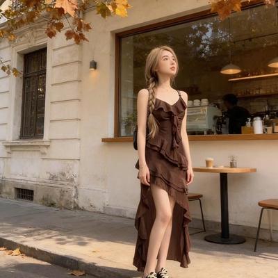 Women's Ruffle V-Neck Spaghetti Strap Summer Dress - Irregular Hem, Waist-Cinching A-line for Vacation