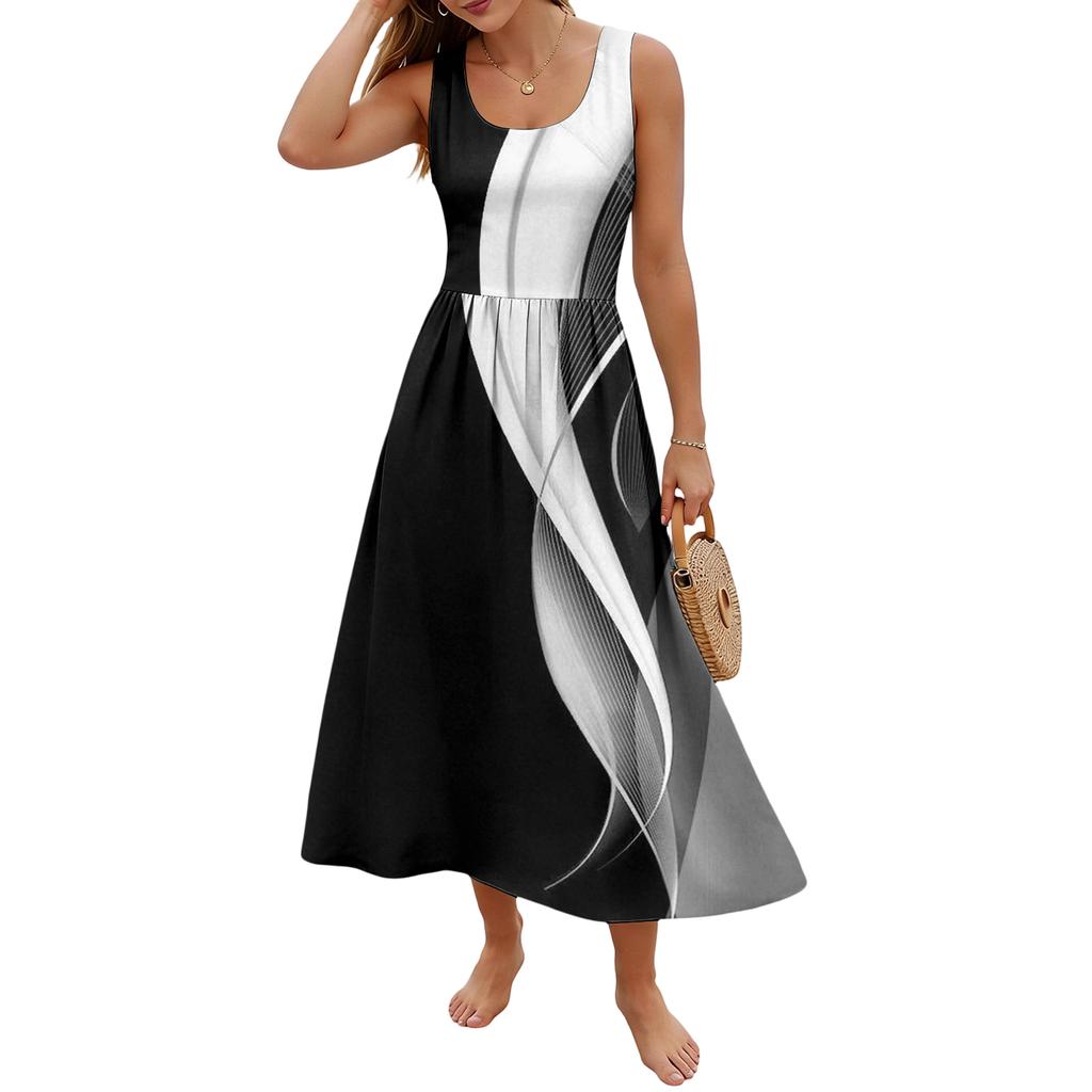 Sommerkleider für Damen UK Ärmellos Rundhalsausschnitt Geometrischer Druck Lässig A-Linie Damen Sommerkleider UK Midi-Kleid Damen Sommerkleider UK