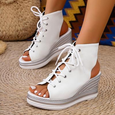 Sandalias Casuales de Cuña con Estampado de Leopardo y Boca de Pez para Mujer Verano Nuevas de Punta Abierta Cómodas con Cordones Sandalias Chunky