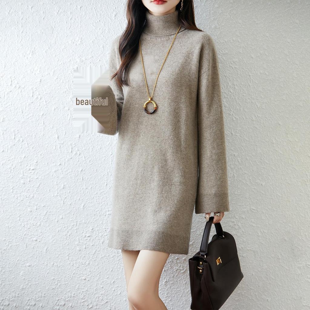 Women's High Neck Loose Fit Wool Maxi Dress with Bell Sleeves - Autumn/Winter Collection