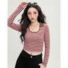 Fashion Polo Collar Striped Long Sleeved T-shirt for Women, 2026 Spring and Summer American Retro Short Top