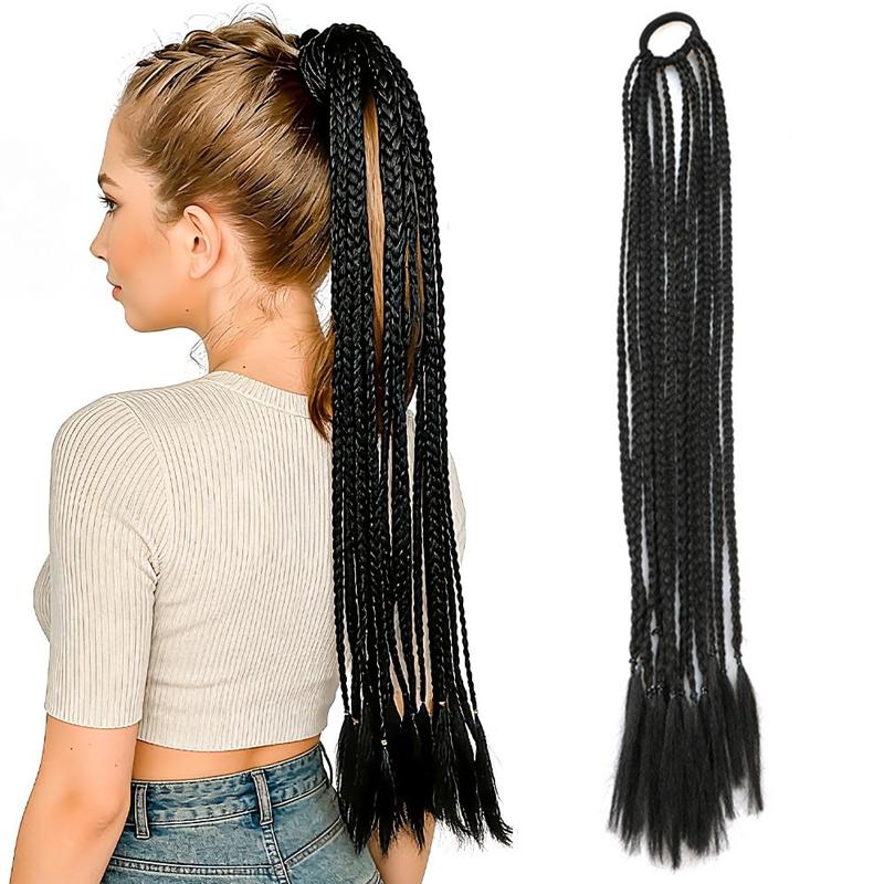 Braided Ponytail Hair Extensions 24 Inch Colorful Box Braids with Rubber Bands Synthetic Hairpieces for Girl  Women Accessories Crazy Hair Day