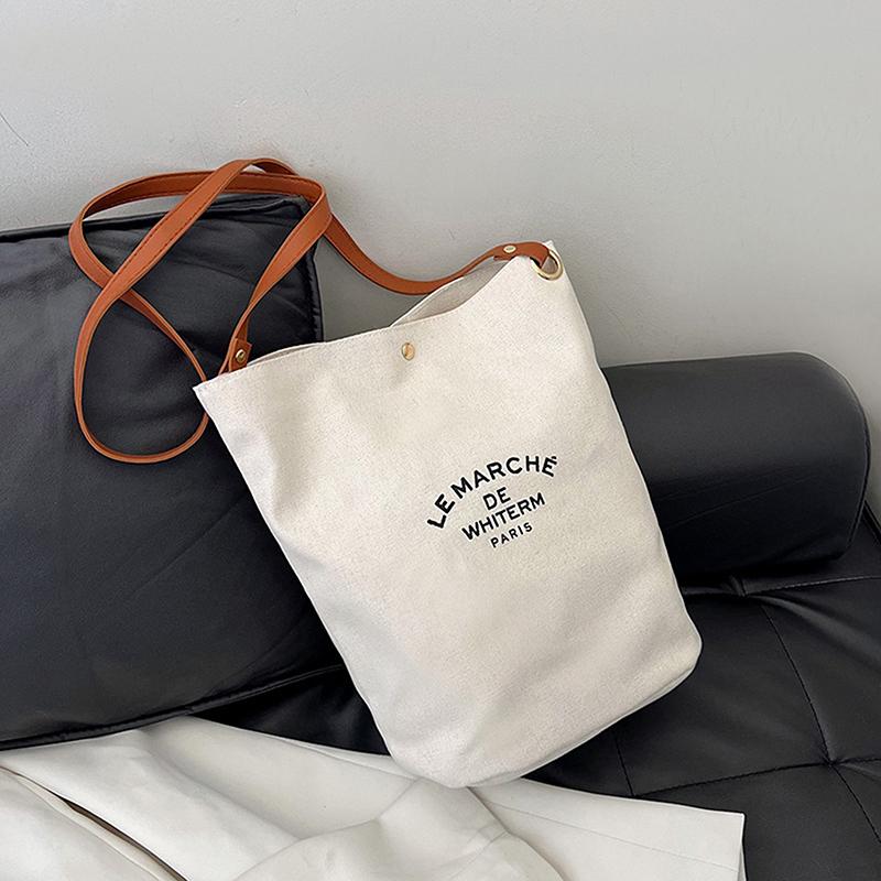 Korean Style Simple Canvas Bucket Bag Synthetic Leather Adjustable Straps Sling Bag For Women Simple Studen Christmas Gift