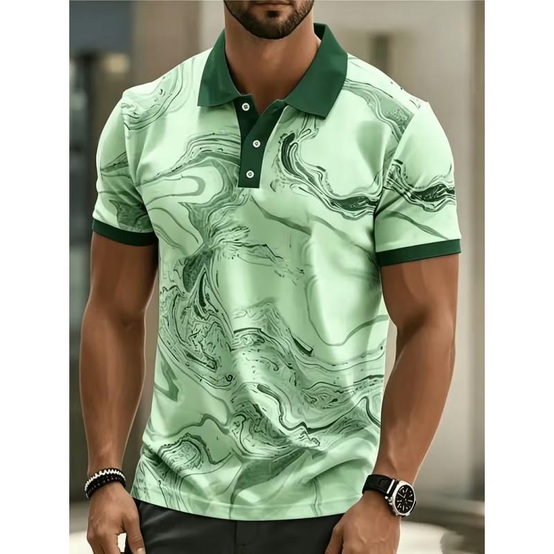 Mens 3D Marble Print Polo Shirt Loose Fit Short Sleeve Breathable Pique Cotton Casual Wear