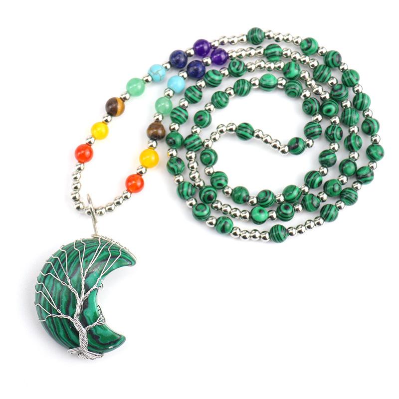 New Gold Plated Copper Wire-wrapped Moon Natural Stone Lucky Tree Necklace Colorful Bead Sweater Chain N563