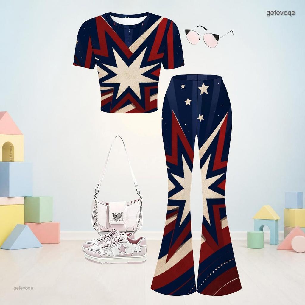 Girls White Round Neck Short Sleeve Star Printed Top Flared Pants Two Piece Set