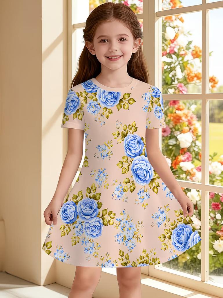 Mädchenkleider Bunt Floral Grafik Print Kurzarmkleid Sommerurlaub Süßes Mädchen Prinzessinnenkleid Mode Freizeitkleidung