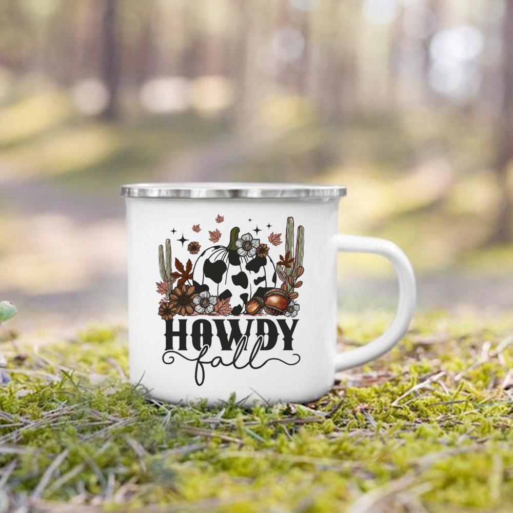 Hello Pumpkin Print Enamel Mugs Coffee Cups Fall Thanksgiving Party Juice Mug Handle Cup Autumn Holiday Gifts for Family Friends