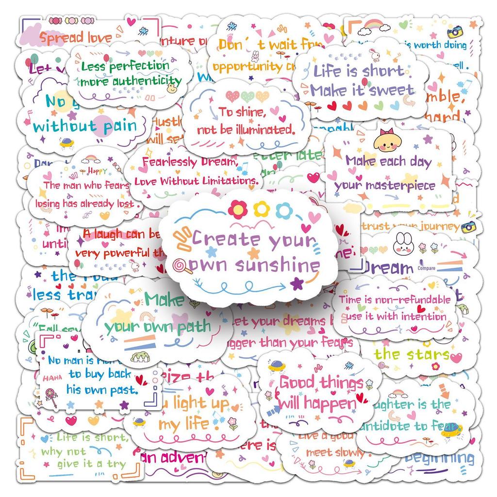 50 Motivational English Stickers: Common Sentences, Cute Cartoon, Waterproof, for DIY Journaling and Decorating Stationery.