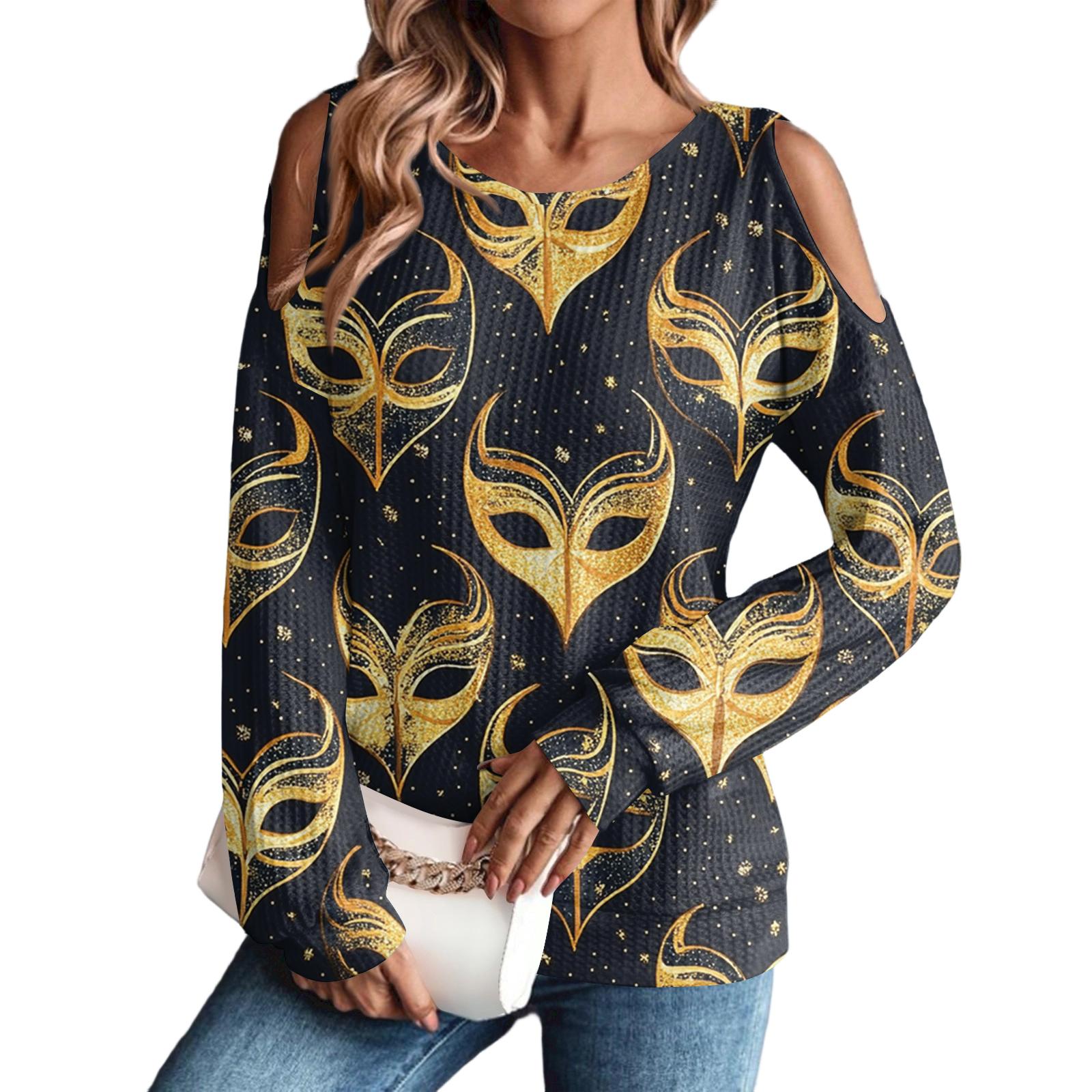 

Женская зимняя футболка оверсайз Модная с открытыми плечами Круглый вырез Винтажный цветочный принт Пуловер С длинными рукавами Топ XL жёлтый