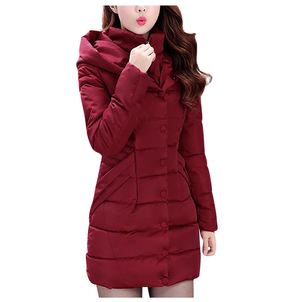 Womens Ladies Warm Plus Size Solid Color Hooded Single Breasted Medium Length Cotton Jacket Waistcoat Slim Cardigan Coat