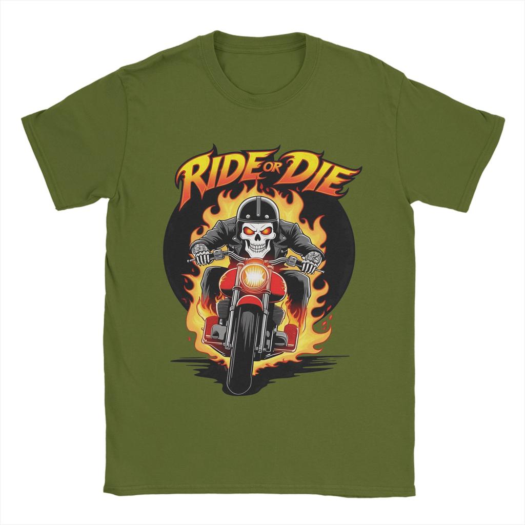 Unisex TShirt Ride or Die Fiery Skull Biker Funny  Cotton Tees Short Sleeve  T Shirt Crew Neck Clothes Gift
