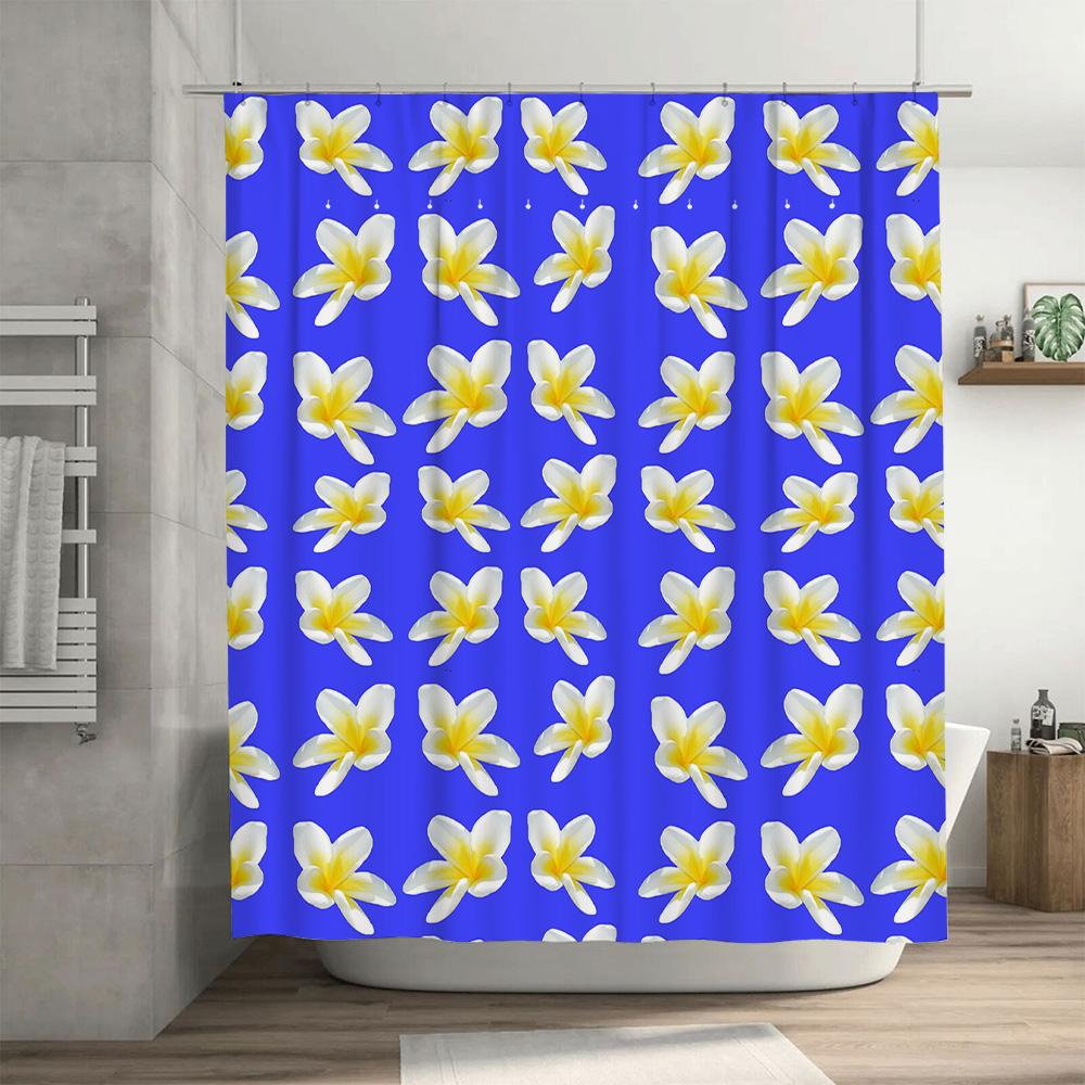 Bright Floral Shower Curtain Decorative Bath Mat Non-Slip Waterproof Bathroom Liner For Home Decoration Blue White Frangipani 3D